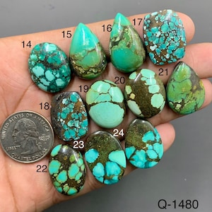 Puede incluir: Una colección de once cabujones de turquesa pulidos numerados del 14 al 24, con varios tonos de azul y verde con patrones de matriz oscuros. Se incluye una moneda de 25 centavos de EE. UU. para escala, y el texto Q-1480 es visible en la esquina.