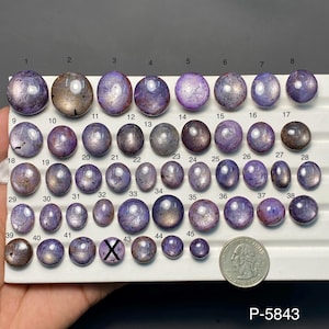 May include: A collection of forty-four round and oval cabochon gemstones in shades of purple, lavender, and grey, arranged on a white display tray. Each stone is numbered from 1 to 45, with number 42 marked with an X. A US quarter coin is included.