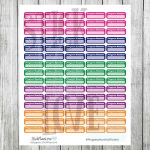 May include: A sheet of colorful progress monitor stickers with a variety of colors including pink, blue, green, purple, and orange. The stickers are rectangular with rounded corners and have the text "Progress Monitor" printed on them. The sheet also includes the text "StickPlanLove" and "#ProgressMonitorStickers".