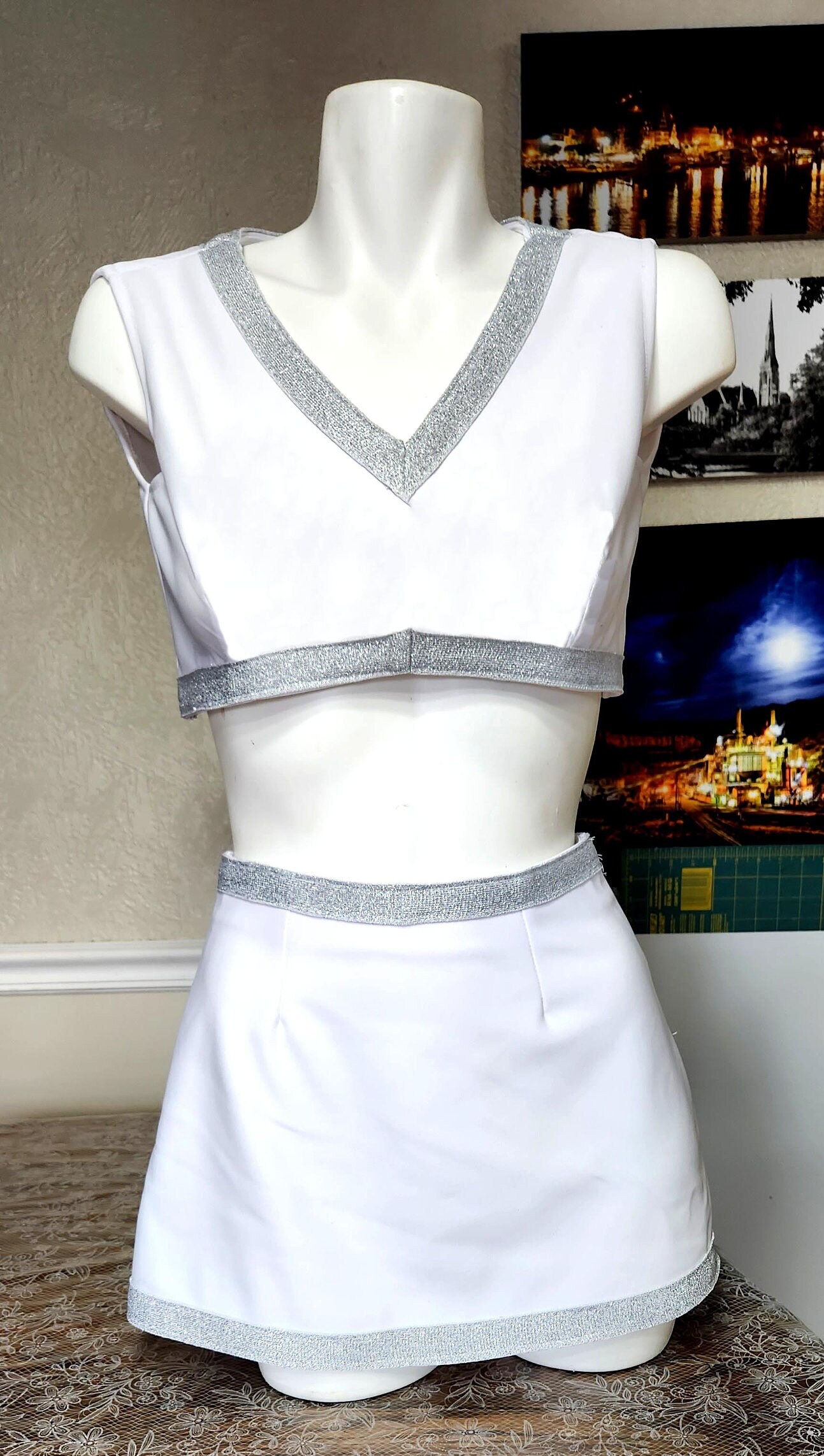 Cheerleader Plain White, Sparkle Silver White Ponte Midriff