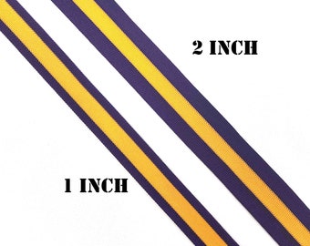 Trim stripe purple,  light gold , purple, cheer leading athletic team colors  1.5 inch wide  and 1 inch wide priced per yard