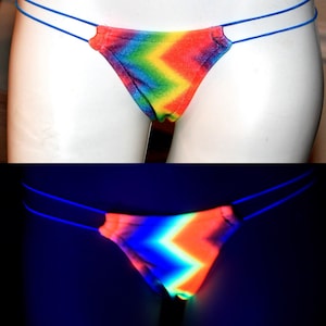 T back legals womens style UV NEON chevron print.  retro stripper elastic string cord sides thong rave club exotic panty, swim