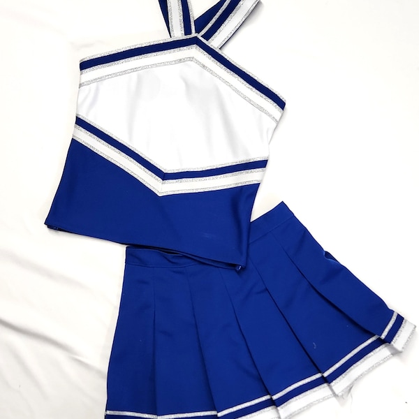 Cheerleader  royal blue  sparkle silver white Uniforms halter style front cross back Youth child adult plus mens Cheer Uniforms