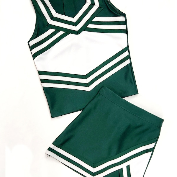 Cheerleader Uniforms Girls Youth child Adult, plus size, mens, Cheer Uniforms Spirit School dark forest green, white