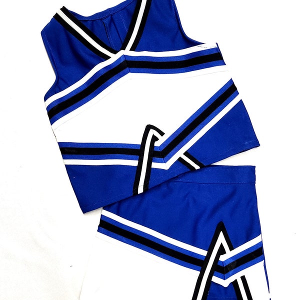 Cheerleader outfit child  size 2  Royal Blue white and accents of black  BOW sold separate Trim and  fabric available in my shop.