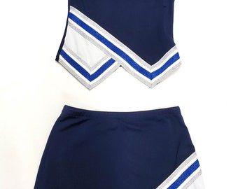 Cheerleader Uniform #1  teen women Cheer Spirit  School navy white spandex Plain white silver and  Royal silver sparkle trim. Sold sepatate