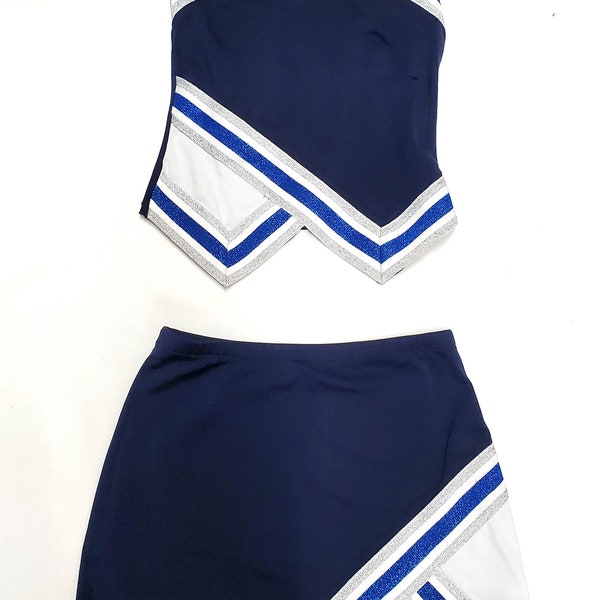 Uniforme de pom-pom girl n°1 pour adolescentes Cheer Spirit School, élasthanne blanc bleu marine, bordure scintillante argent blanc uni et argent royal. Vendu séparément
