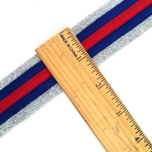 Trim sparkle silver, plain royal Blue, Plain scarlet red ,  cheer leader athletic team uniform 1 1/2  inch wide 5 stripe  per 1 yard