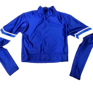 Cheerleader Uniform  midriff teen women Cheer Spirit School royal spandex Plain white silver and  Royal silver sparkle trim.