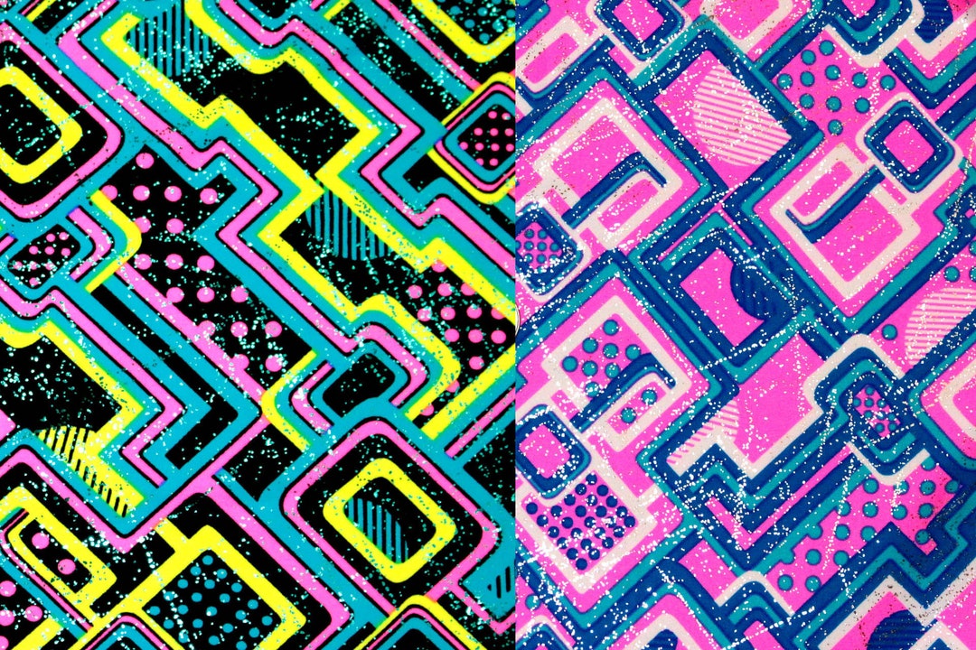Fabric Spandex GEO Neon Two Color Prints Black Yellow Pink OR Pink Blue ...