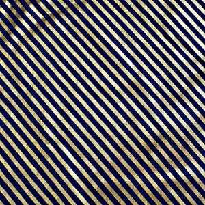 May include: Diagonal pattern of gold stripes on a navy blue background. The stripes are evenly spaced and run from the upper left to the lower right. The gold stripes have a slight shimmer, creating a textured appearance.