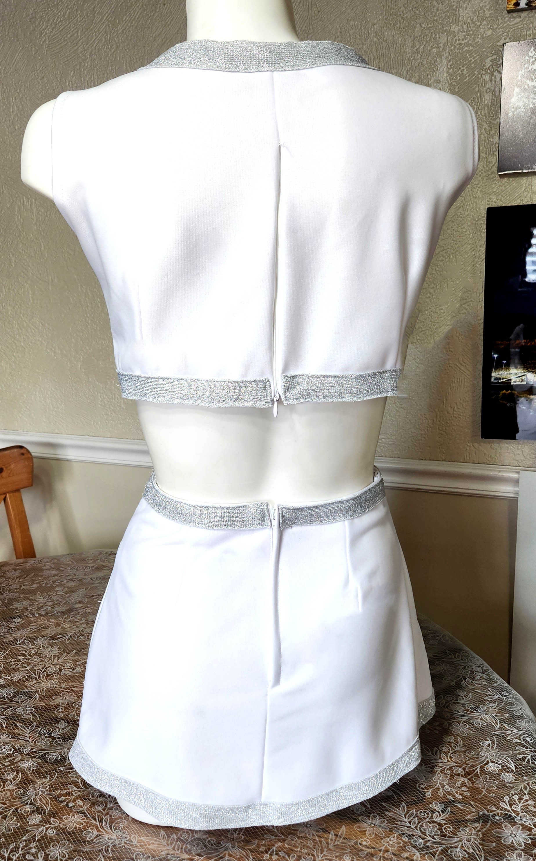 Cheerleader Plain White, Sparkle Silver White Ponte Midriff