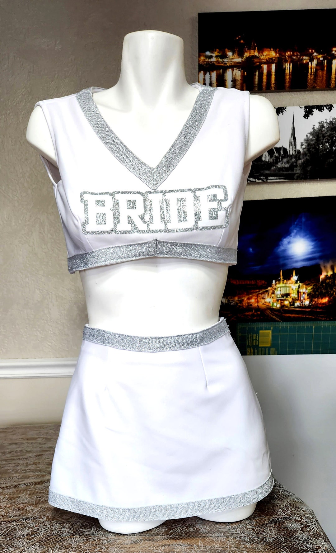 Cheerleader Plain White, Sparkle Silver White Ponte Midriff