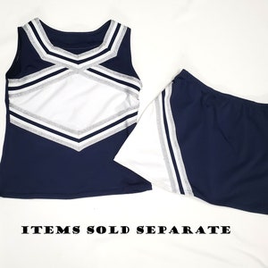 Cheerleader Uniform teen women Cheer navy white spandex choice trim sparkle  silver or 2&quot;in trim, Matching Shorts  Items sold separate
