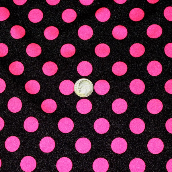 Fabric spandex swimwear dance, print, 1/2" hot dark pink polka dot on black spandex 58" wide 4 way stretch  priced per 1/4 yard