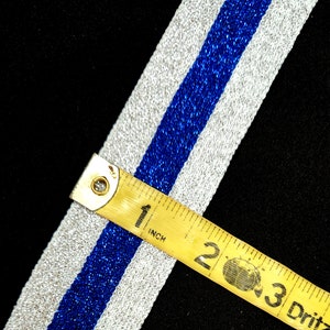 Trim all  sparkle  silver, royal blue  nylon cheer leader athletic team uniform 1 1/2  inch wide 3 even stripe per yard