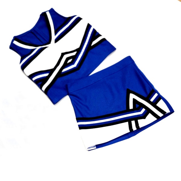 Cheerleader outfit child size 4 Royal Blue white black Skirt front V is white  BOW sold separate SEE description for measurements and size