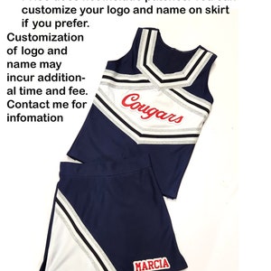 Cheerleader Uniforms Girls Youth child Adult plus size, mens, navy white red or custom colors logos vinyl or embroidery sold separate