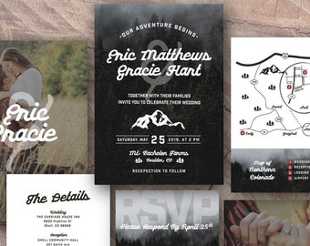 Rustic Outdoor Mountain Wedding Invitation Set (with Detail Card, Custom Map, Custom Photos, Custom Colors) Tree Fog - Print or Digital File