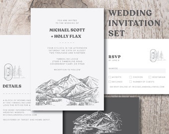 Minimal Mountain Sketch Wedding Invitation Set (with Invitation, RSVP card, and Custom Color option) Prints or Digital Files Free Shipping