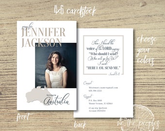 Classy Photo Missionary Prayer Cards Missions Announcement Card - 4 x 6 Custom Color Palette - Printed Materials or Digital File