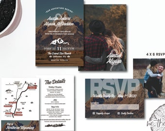 Teton Rustic Outdoor Mountain Wedding Invitation Set (with Detail Card, Custom Map, Custom Photos) Tree Yellowstone - Print or Digital File