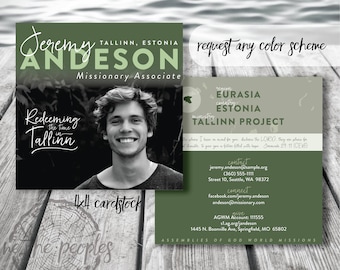 Photo Missionary Prayer Cards Missions Announcement Card- 4 x 4 Square Custom Color Available - Printed Materials or Digital File
