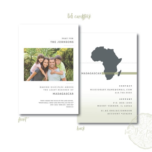 Simple Minimal Photo Missionary Prayer Cards Missions Announcement Card - 4 x 6  Custom Color Palette - Printed Materials or Digital File