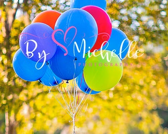 May include: A wicker basket with a blue, yellow, and green fabric banner that says "1" is attached to a bunch of colorful balloons. The balloons are blue, red, green, and yellow. The balloons are tied together with white string and are floating in the air.