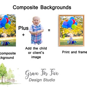 May include: A composite background image with a basket of colorful balloons in a grassy field. The image is used to create a custom photo by adding a child's image to the background.