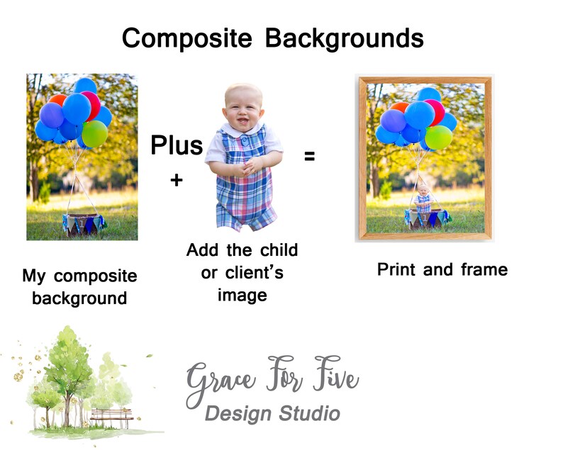 May include: A composite background image with a basket of colorful balloons in a grassy field. The image is used to create a custom photo by adding a child's image to the background.
