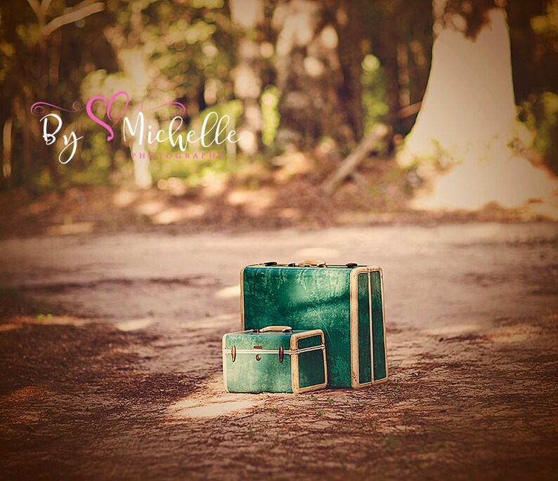 May include: Two vintage suitcases, one stacked on top of the other, are sitting on a dirt path. The suitcases are green with gold trim. The larger suitcase is slightly open.