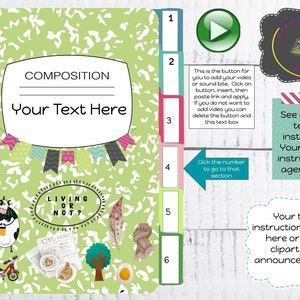 Puede incluir: Una libreta de composición verde y blanca con un título que dice "Composición" y "Tu texto aquí". La libreta tiene un separador con pestañas con los números del 1 al 6. Las pestañas son de diferentes colores. La libreta tiene un fondo verde y blanco con una vaca, una bicicleta, un árbol y una pluma. La libreta tiene un botón de reproducción, un cuadro de texto y una serie de otros elementos.