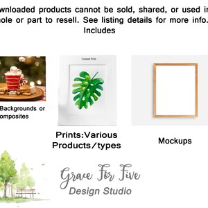 May include: Digital backgrounds, prints, and mockups. The image shows a mug of hot chocolate with marshmallows, a framed print of a green leaf, and a framed mockup. The text "Grace For Five Design Studio" is at the bottom of the image.