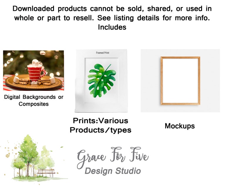 May include: Digital backgrounds, prints, and mockups. The image shows a mug of hot chocolate with marshmallows, a framed print of a green leaf, and a framed mockup. The text "Grace For Five Design Studio" is at the bottom of the image.