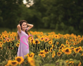 May include: A woman in a lavender dress stands in a field of sunflowers. The text "By Michelle Photography" is visible in the lower center of the image.