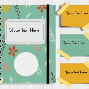May include: A green notebook with a floral pattern and a black spine. The notebook has a spiral binding and a clear plastic cover with the text "Your Text Here". There are three yellow and green sticky notes with the text "Your Text Here" on each.
