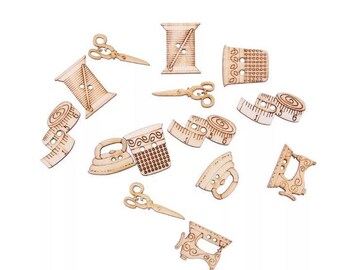10 buttons in natural wood-themed seamstress and sewing