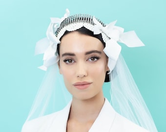 Bimba - Diamonte headband with bows and veil - White