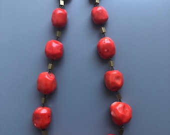 Orange coral chunky irregular round beads necklace - sea bamboo orange irregular round