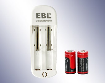 Universal Battery Charger with 2 (two) CR123 rechargeable Batteries. A Must have for many vintage camera owners.
