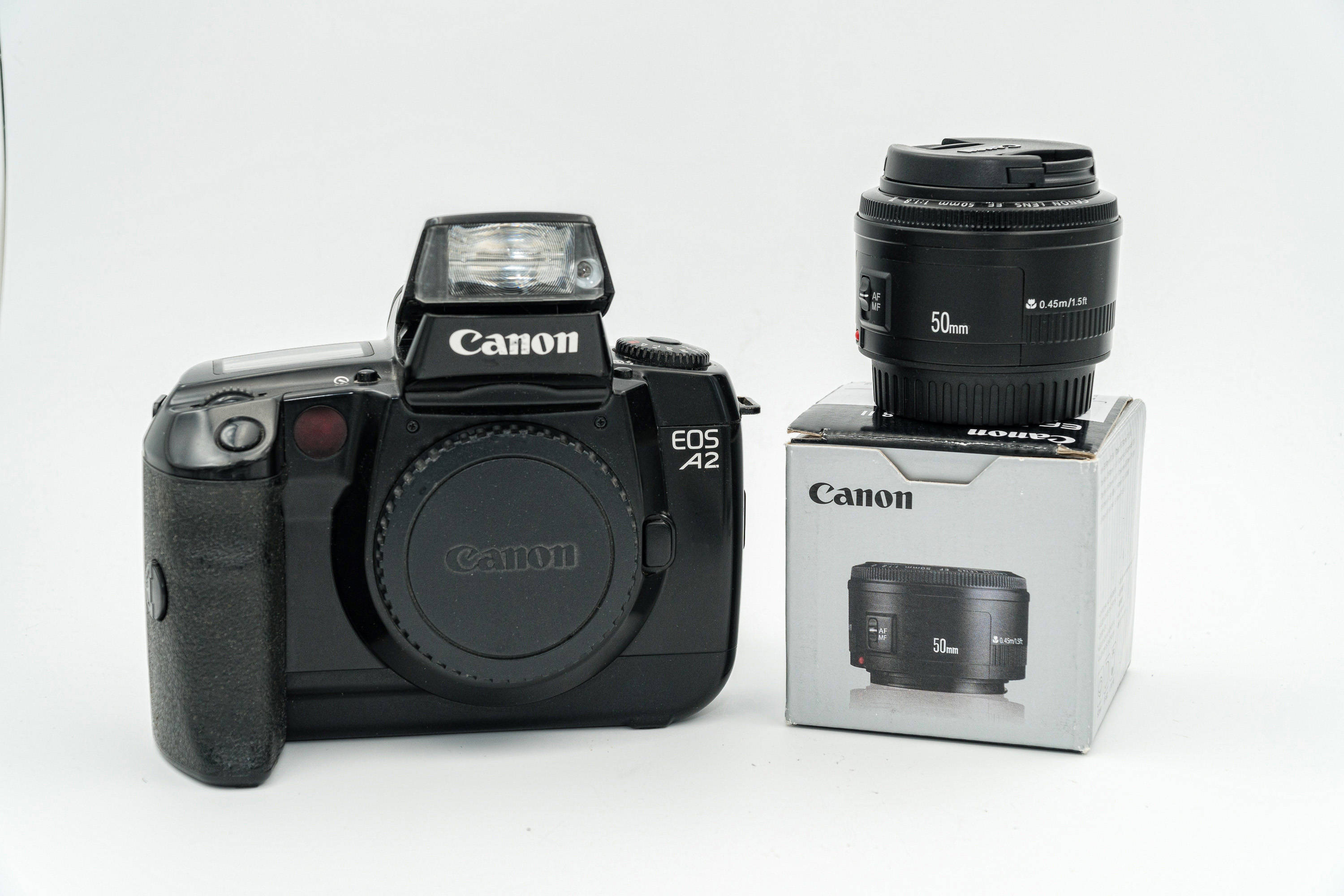 Canon EOS A2 35mm Film Camera with Brand New Canon Niftyfifty EF 50mm