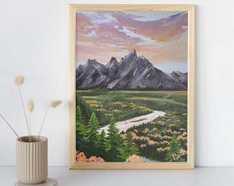 Sun Setting in the Tetons, National Park, Landscape Painting, Wall Art, Nature Gift, High Quality Giclee Art Prints, Archival Print