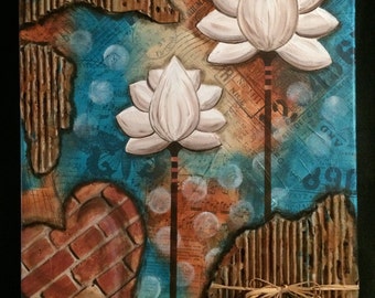Heart & Flowers 3, mixed media acrylic art on canvas
