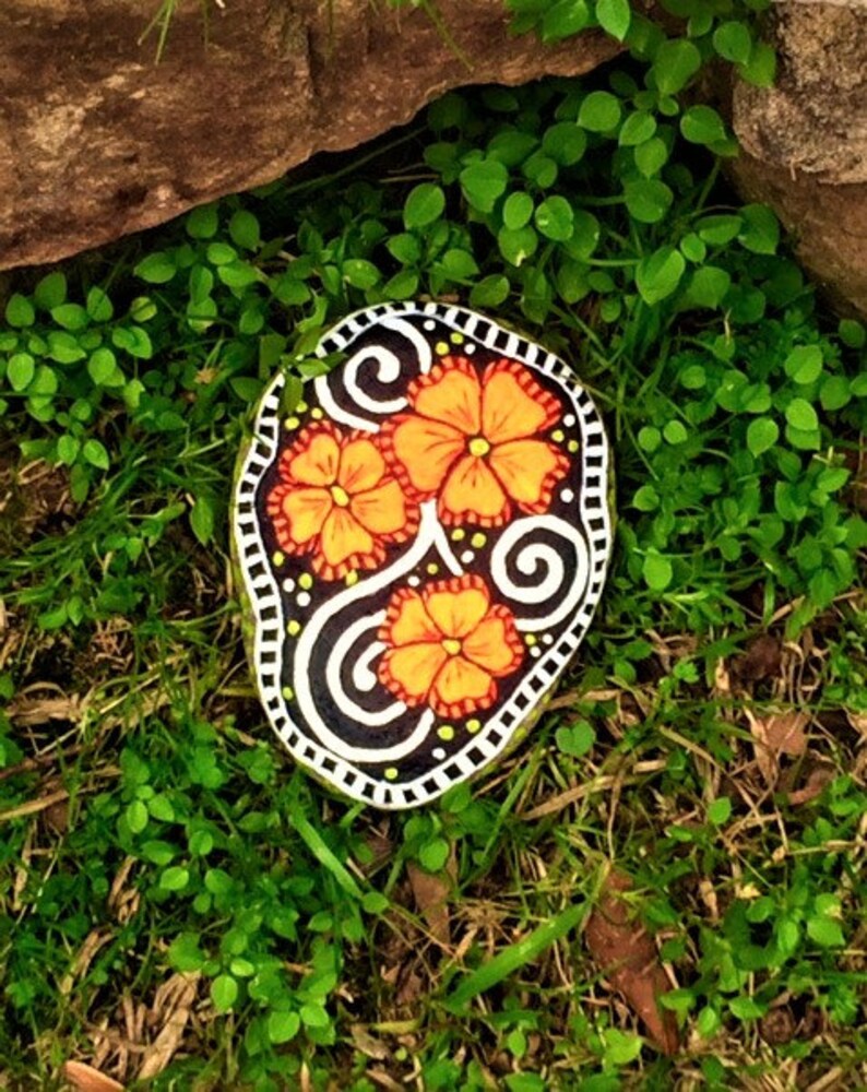 Painted Rock Neon Orange Flowers with swirls and dots Etsy