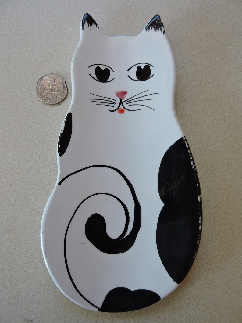 Black and White Kitty Cat Spoon Rest with Hearts in Eyes Mancer made in Italy 8.5 X 4.5 W