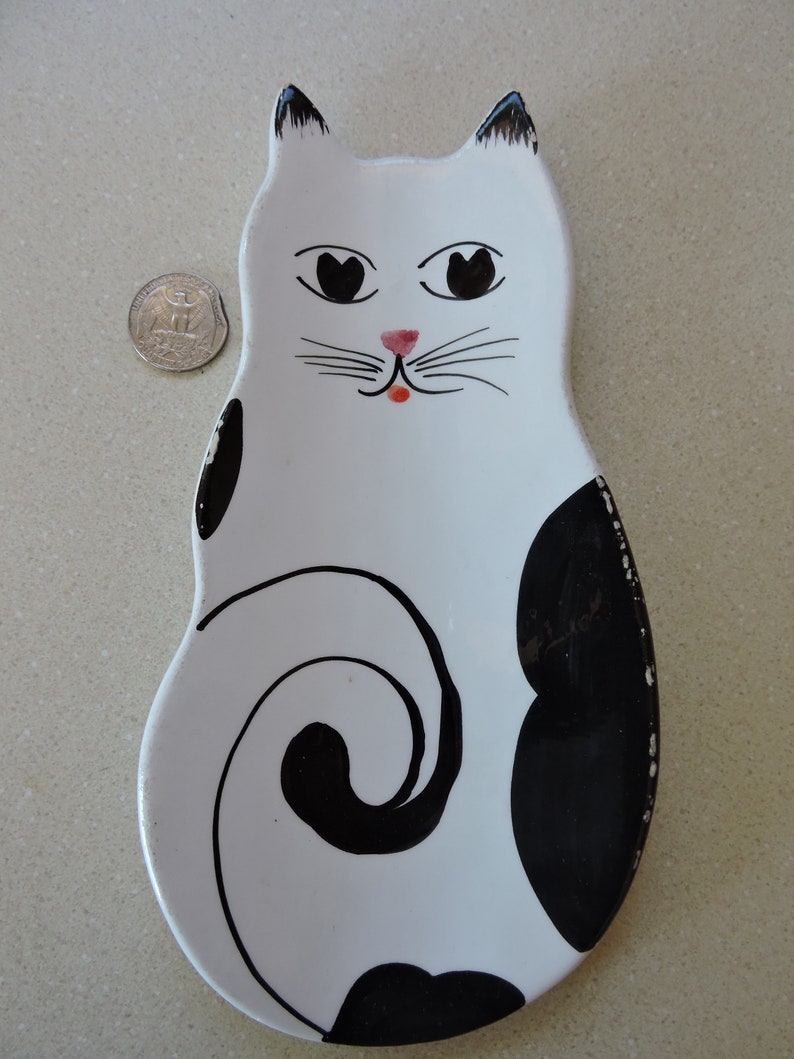 Black and White Kitty Cat Spoon Rest with Hearts in Eyes Mancer made in Italy 8.5 X 4.5 W
