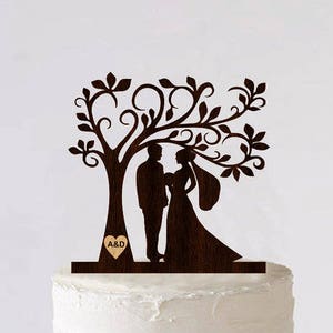 Tree Wedding Cake Topper Personalized Monogram Cake Topper Wooden Rustic Cake Silhouette Cake Topper topper