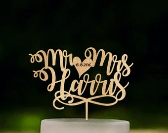 Mr and Mrs cake topper, Custom name cake toppers, Unique wedding cake topper, Last name wedding cake topper, Personalized cake topper Gold