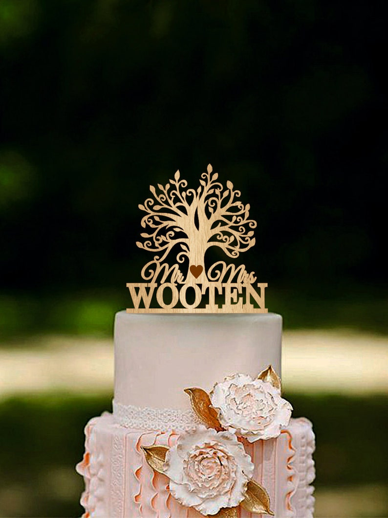 Tree Wedding Cake Topper Custom Last Name Wooden Mr and Mrs Etsy